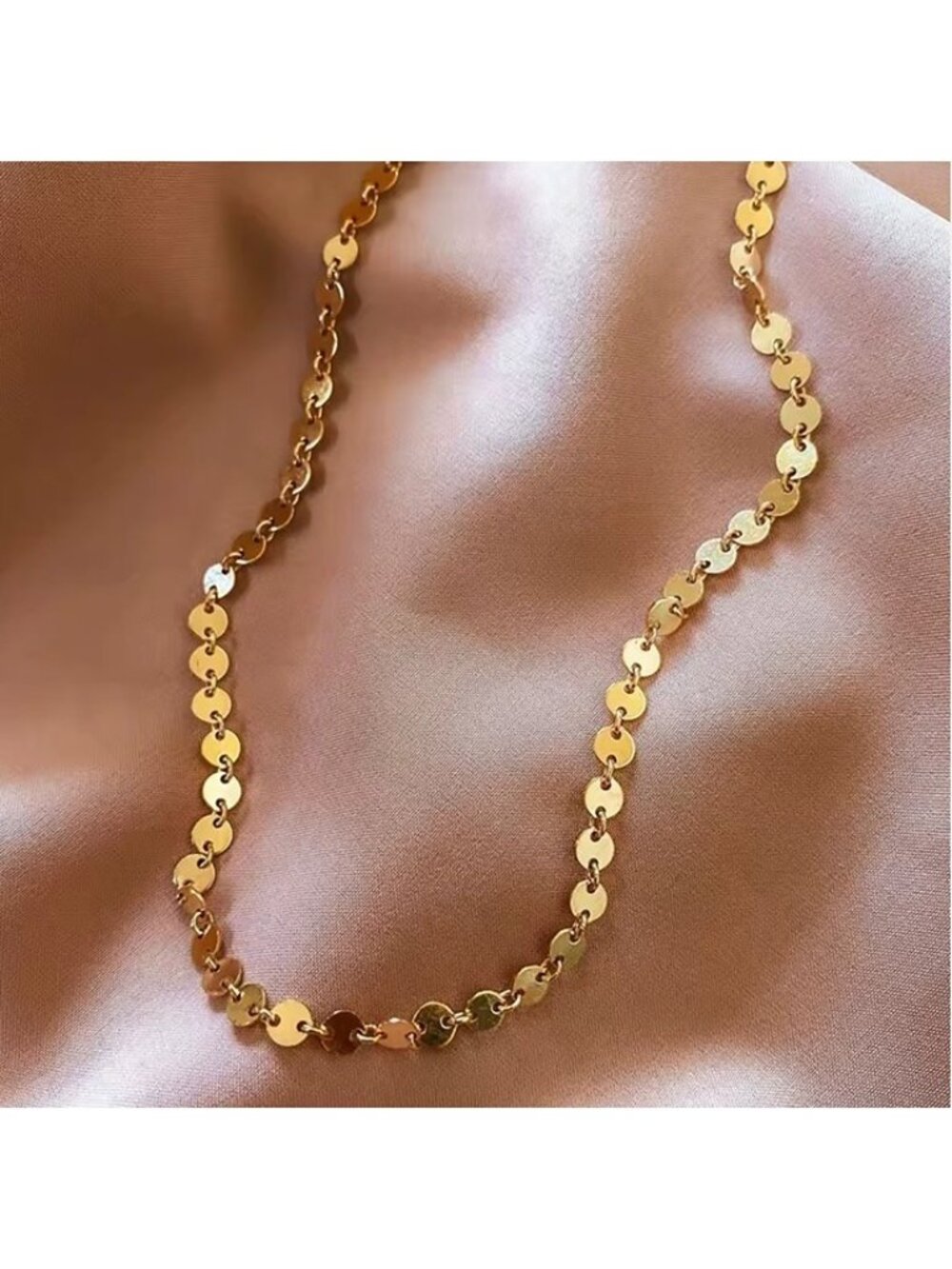 Shimmery Disc Chain Necklace Dainty Layering Necklace Waterproof Gold Jewelry